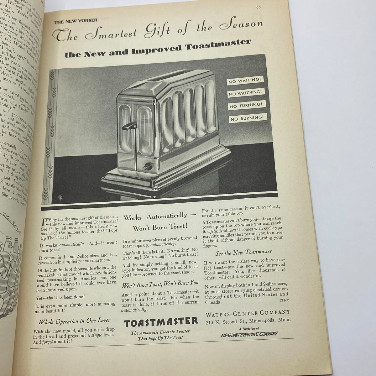 The New Yorker Complete Magazine December 13, 1930 showcasing an advertisement for the Toastmaster electric toaster, emphasizing its automatic features and convenience.