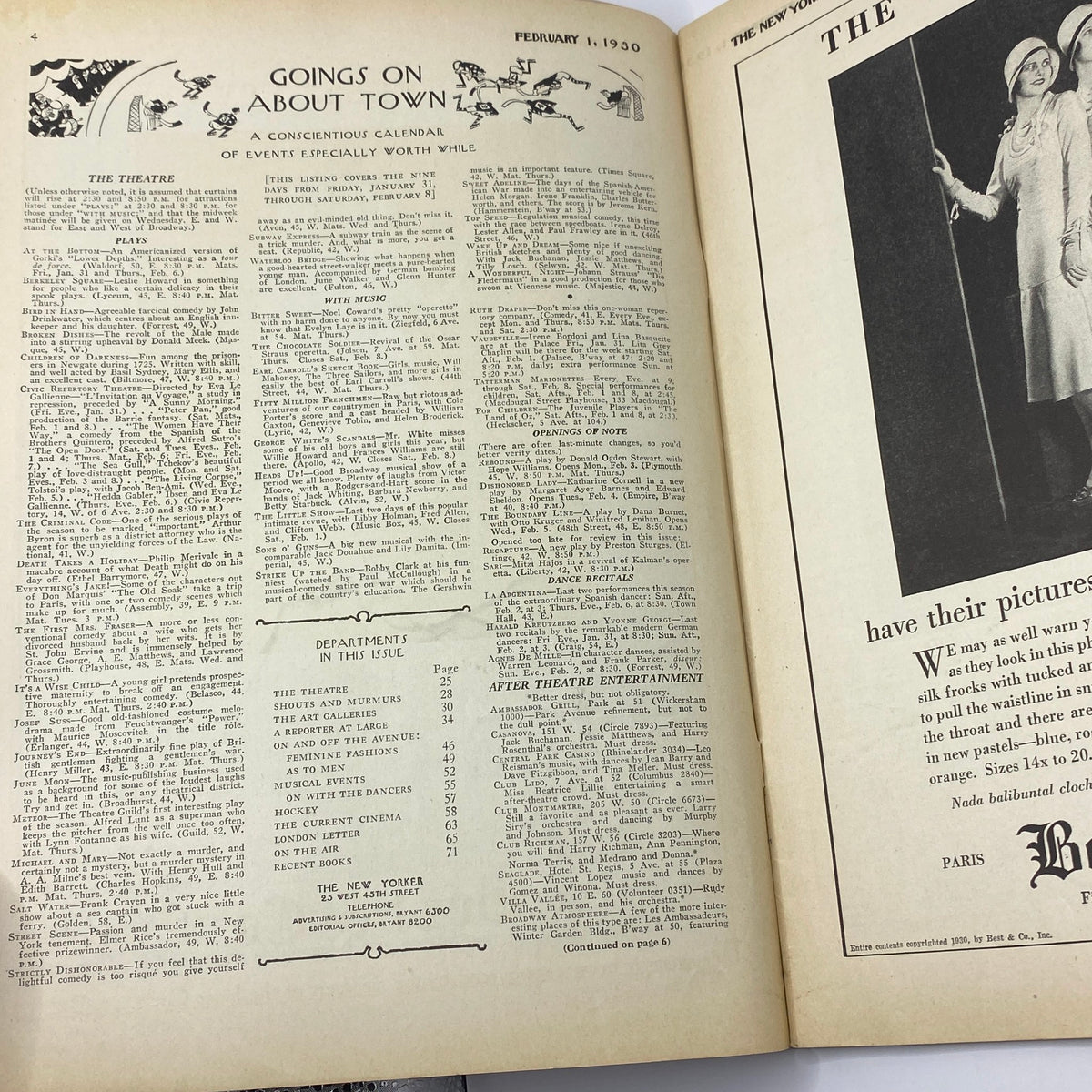 Inside page of The New Yorker Complete Magazine February 1, 1930, featuring the 'Goings On About Town' section with a calendar of events, showcasing the literary style and format of this historic publication.