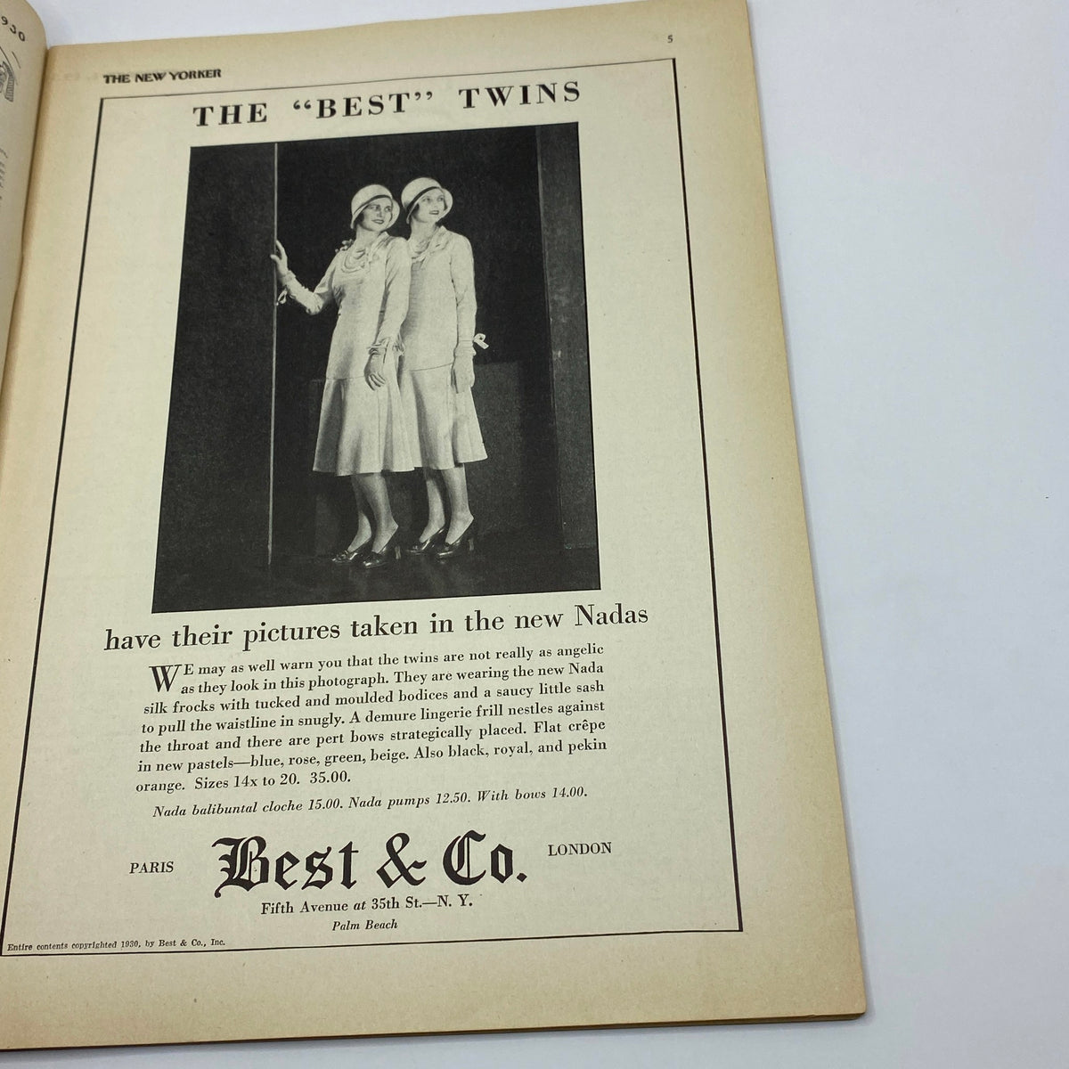 Advertisement page from The New Yorker Complete Magazine February 1, 1930, displaying the 'Best' Twins in stylish Nadas, highlighting fashion from the era and capturing the charm of vintage magazine advertising.