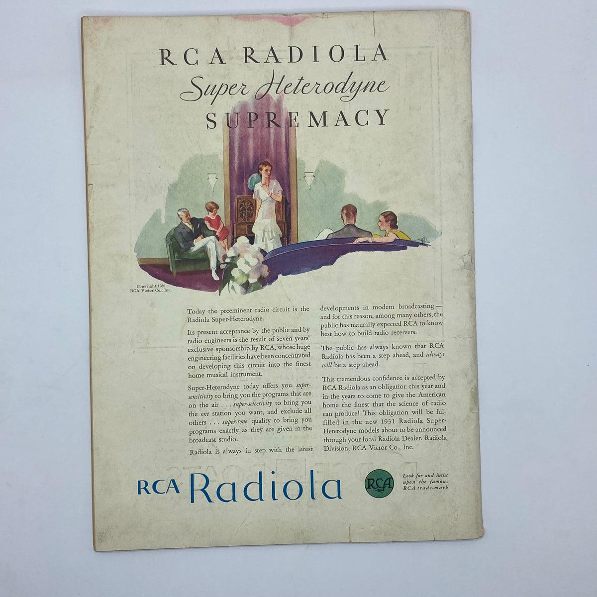RCA Radiola advertisement from The New Yorker Complete Magazine August 23, 1930 featuring Super Heterodyne technology. The image showcases a vintage illustration portraying radio innovation and family entertainment, reflecting the magazine's charm and historical significance.