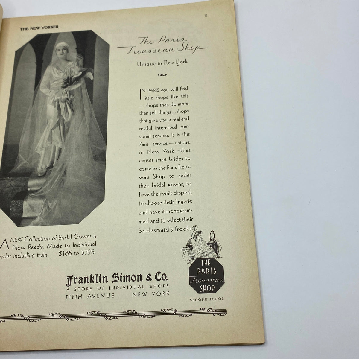 The Paris Trousseau Shop advertisement from The New Yorker magazine February 8, 1930, showcasing bridal gowns and personal service offered to brides.