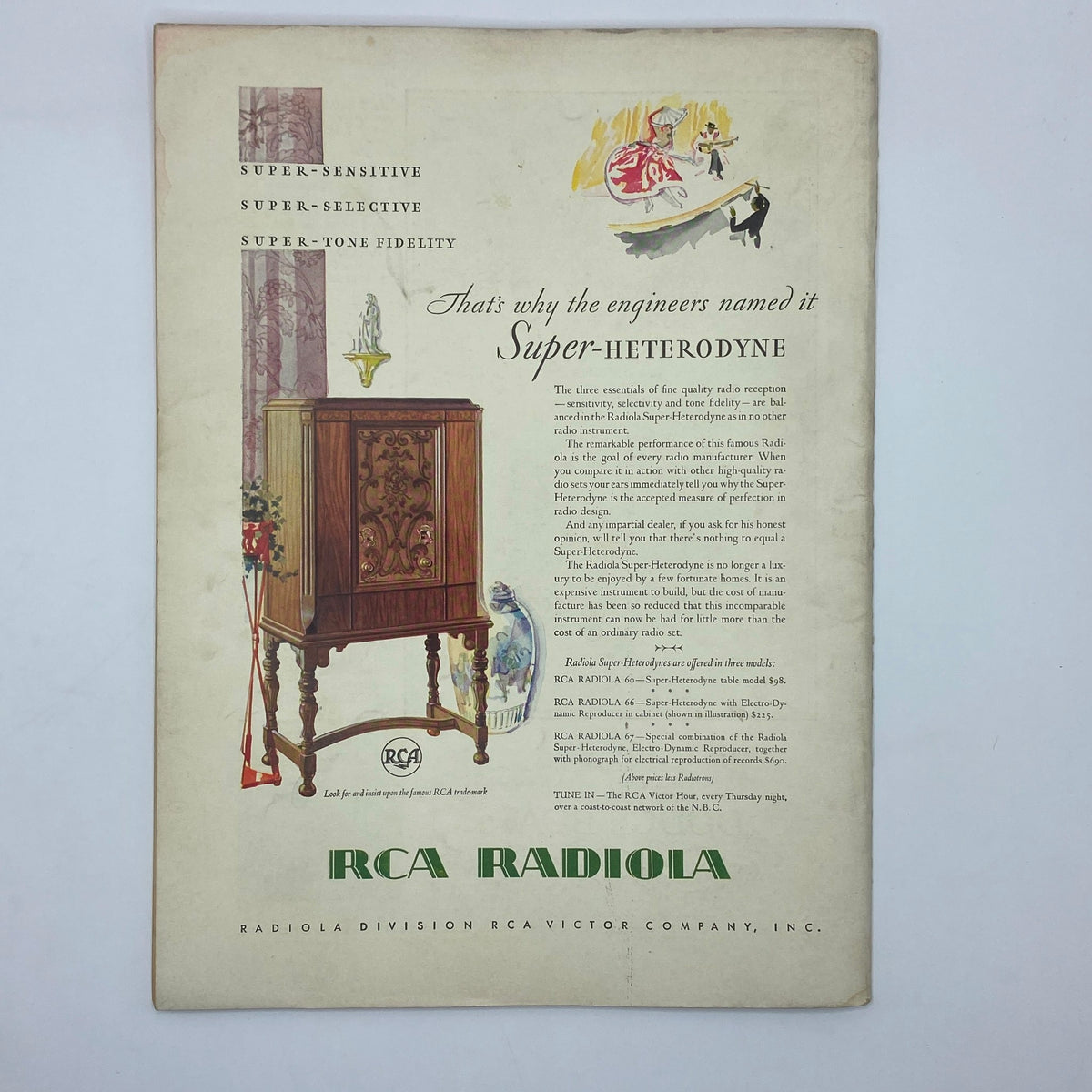 RCA Radiola advertisement from The New Yorker magazine February 8, 1930, promoting Super-Heterodyne radio technology with detailed descriptions.