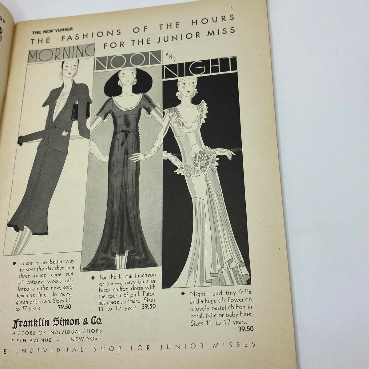 Fashion advert from The New Yorker Complete Magazine April 5, 1930 showcasing styles 'Morning, Noon, and Night' for junior misses, featuring elegant dresses and accessories.