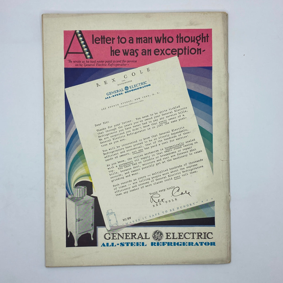 Advertisement from The New Yorker Complete Magazine April 5, 1930 for General Electric's all-steel refrigerator, featuring a letter illustration and colorful design.