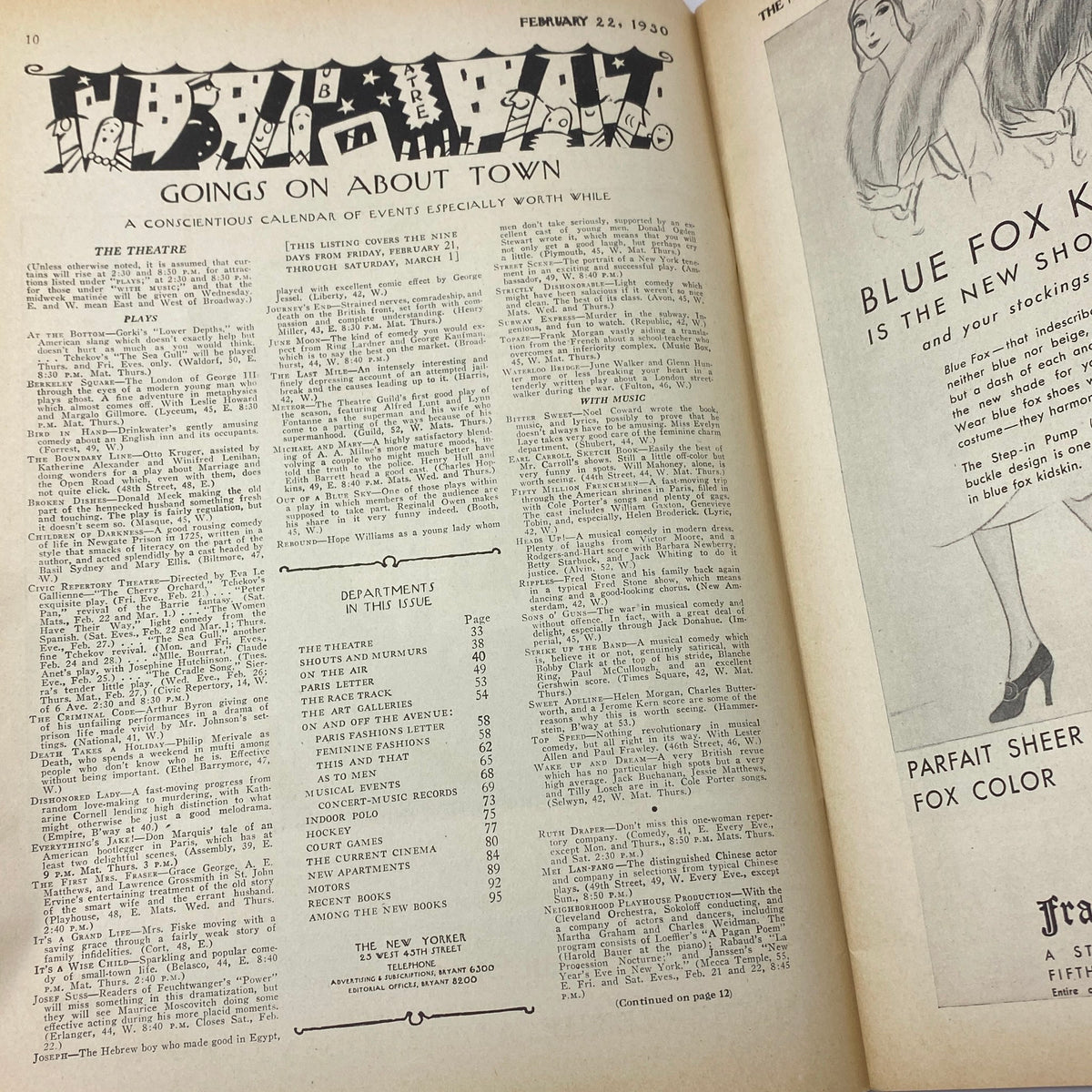 The New Yorker Magazine Complete February 22, 1930, showcasing a page featuring the 'Goings on About Town' section, highlighting upcoming events with detailed listings.