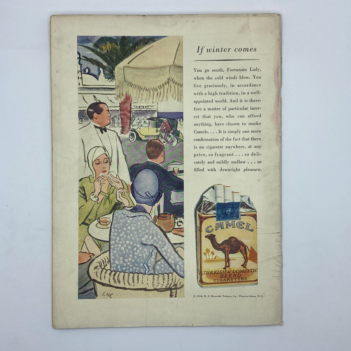 The New Yorker Magazine Complete February 22, 1930, illustrating an advertisement for Camel cigarettes, depicting a stylish café scene that reflects the social culture of the time.