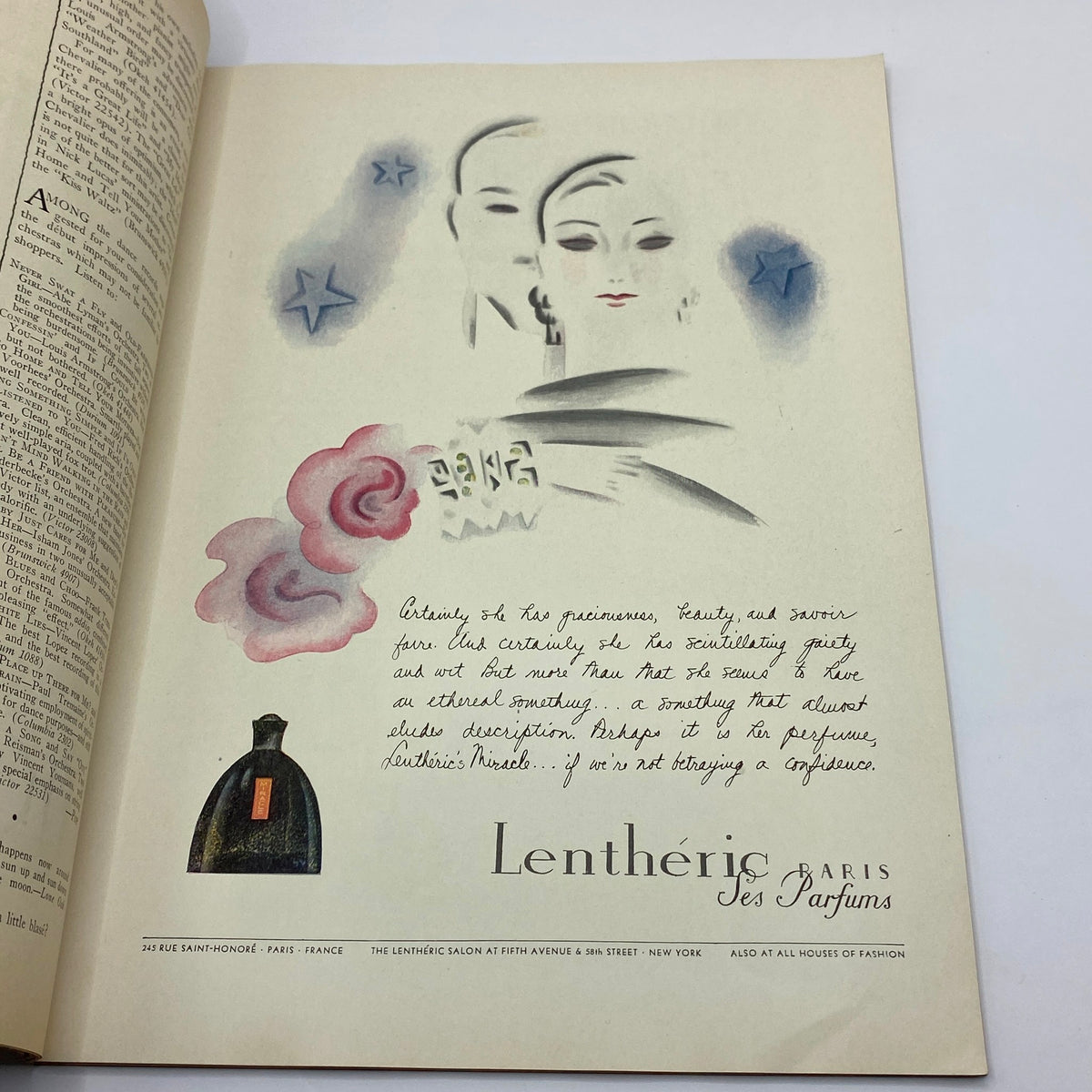 Advertisement page in The New Yorker magazine from November 8, 1930, featuring a perfume ad for Lentheric, displaying artistic design elements and promotional text, representing fashion and beauty trends of the era.