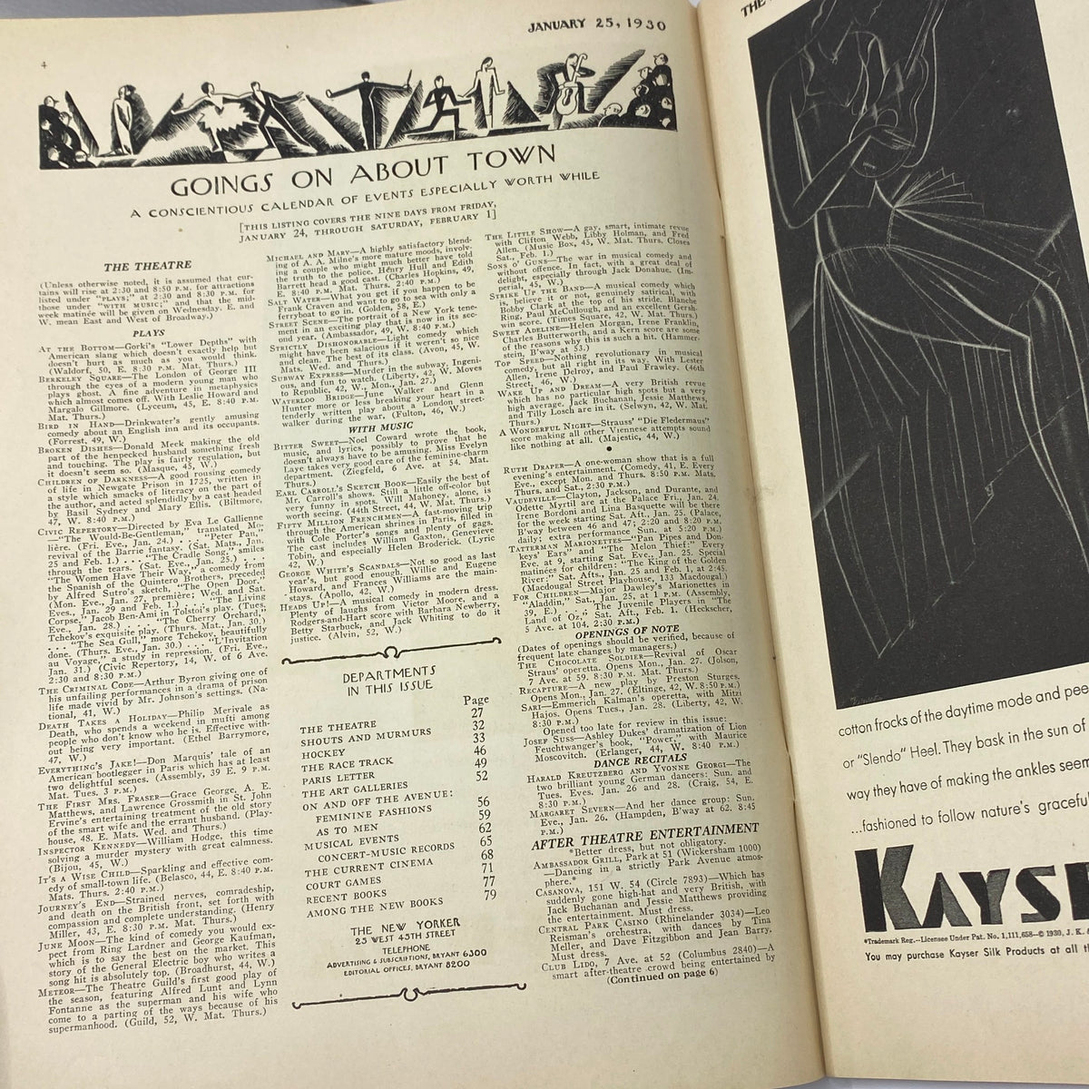 Interior page of The New Yorker Complete Magazine January 25, 1930, featuring the 'Goings On About Town' column, showcasing events, theatre listings, and cultural happenings of the era.