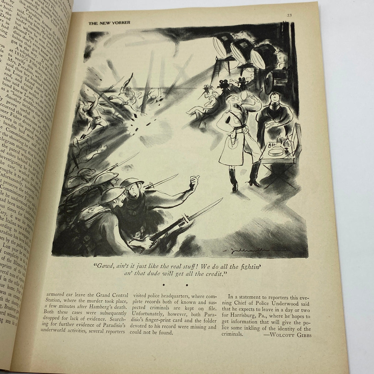 Illustration from The New Yorker Complete Magazine January 25, 1930, depicting a humorous scene with characters and policemen, showcasing the artistic style of the era.