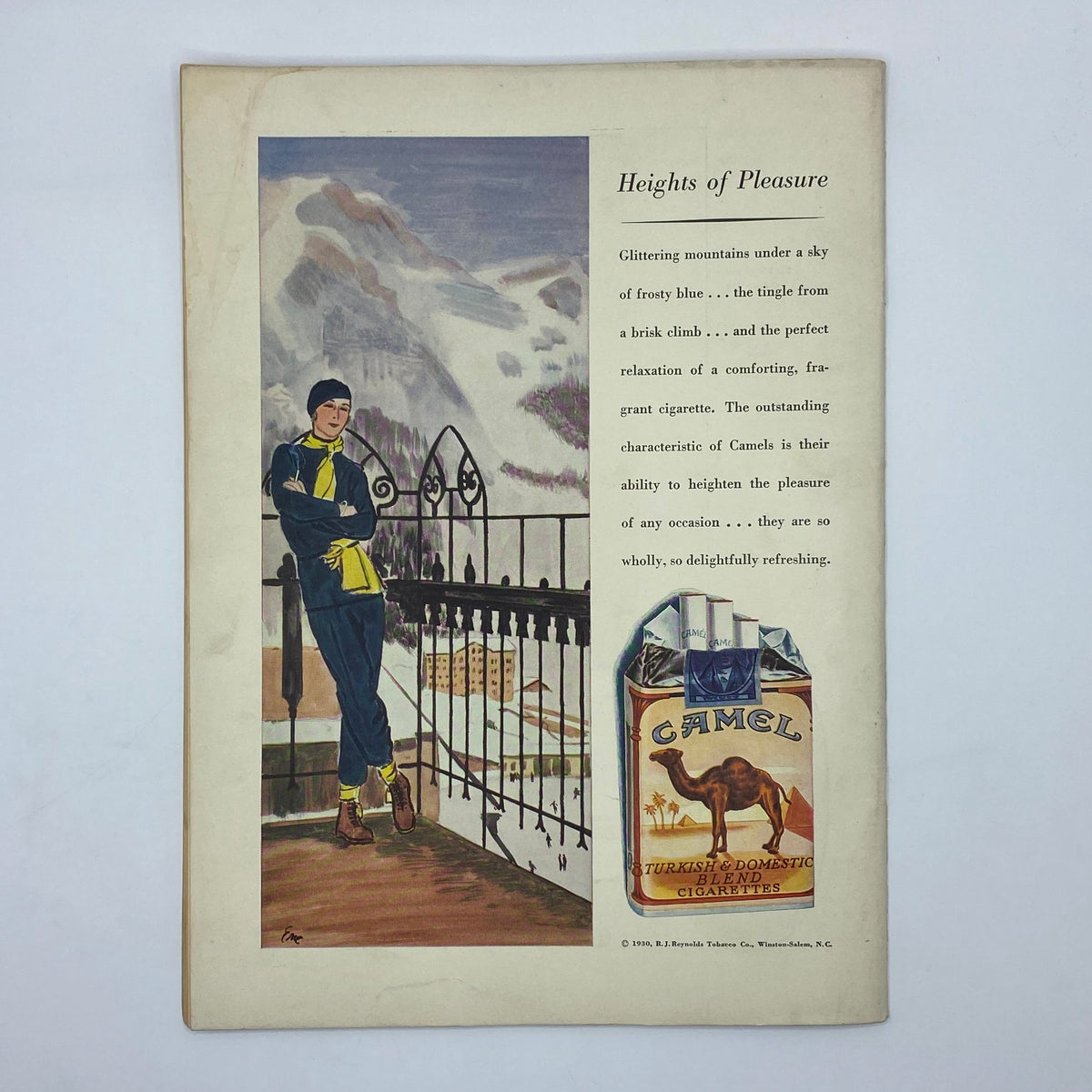 Vintage advertisement from The New Yorker Complete Magazine January 25, 1930, featuring a fashionable woman against a mountain backdrop promoting Camel cigarettes.