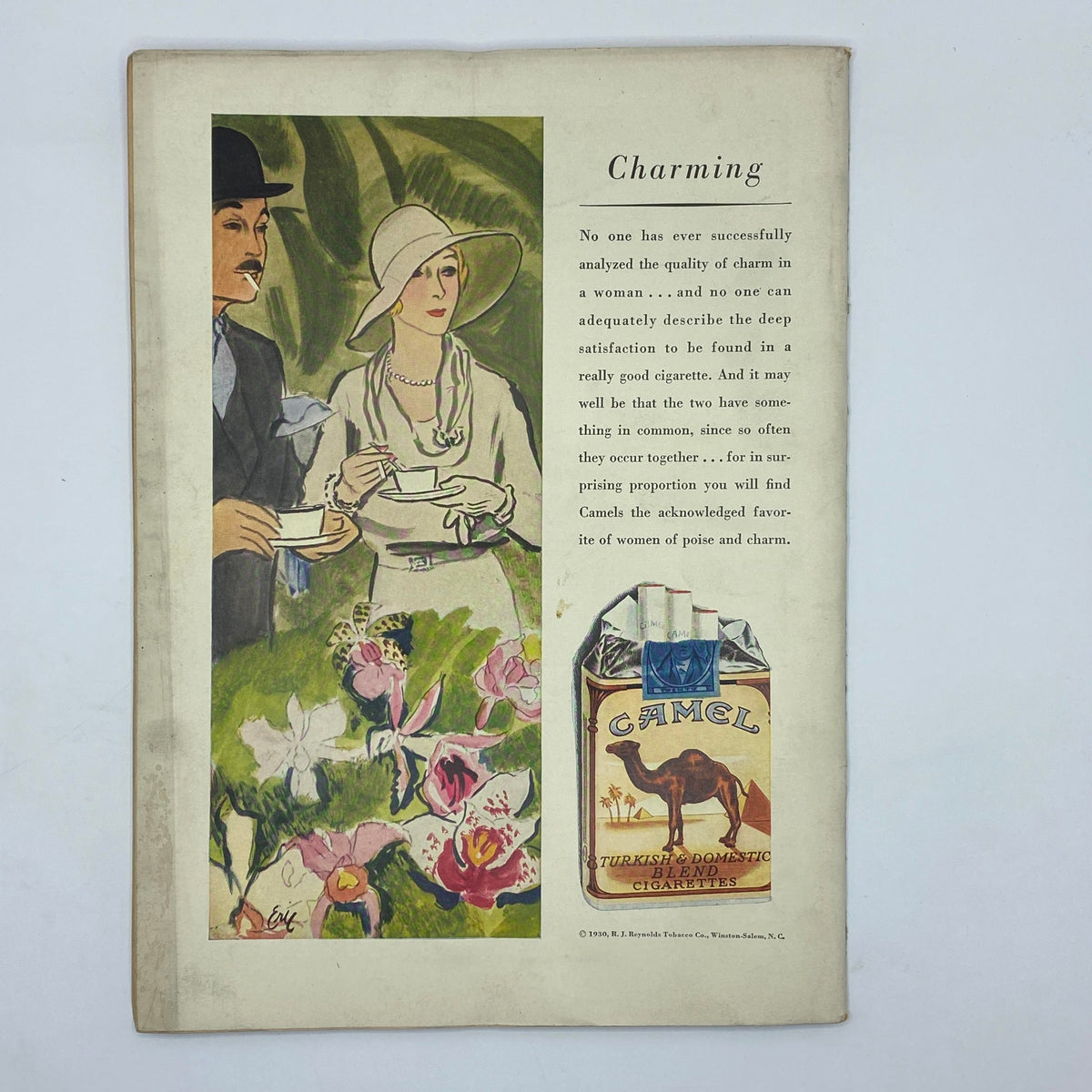 Vintage advertisement page titled 'Charming' featuring two elegantly dressed individuals with tea cups and floral artwork, from The New Yorker Complete Magazine April 19, 1930 Gardner Rea Cover.