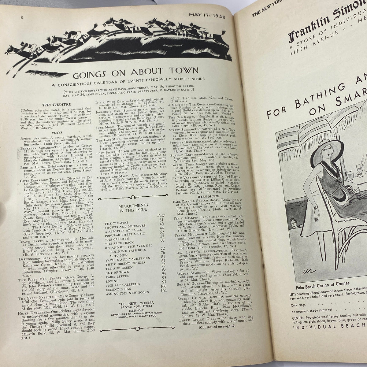 Inside page of The New Yorker magazine, May 17, 1930, featuring articles and calendar of events, highlighting its vintage charm and period design.
