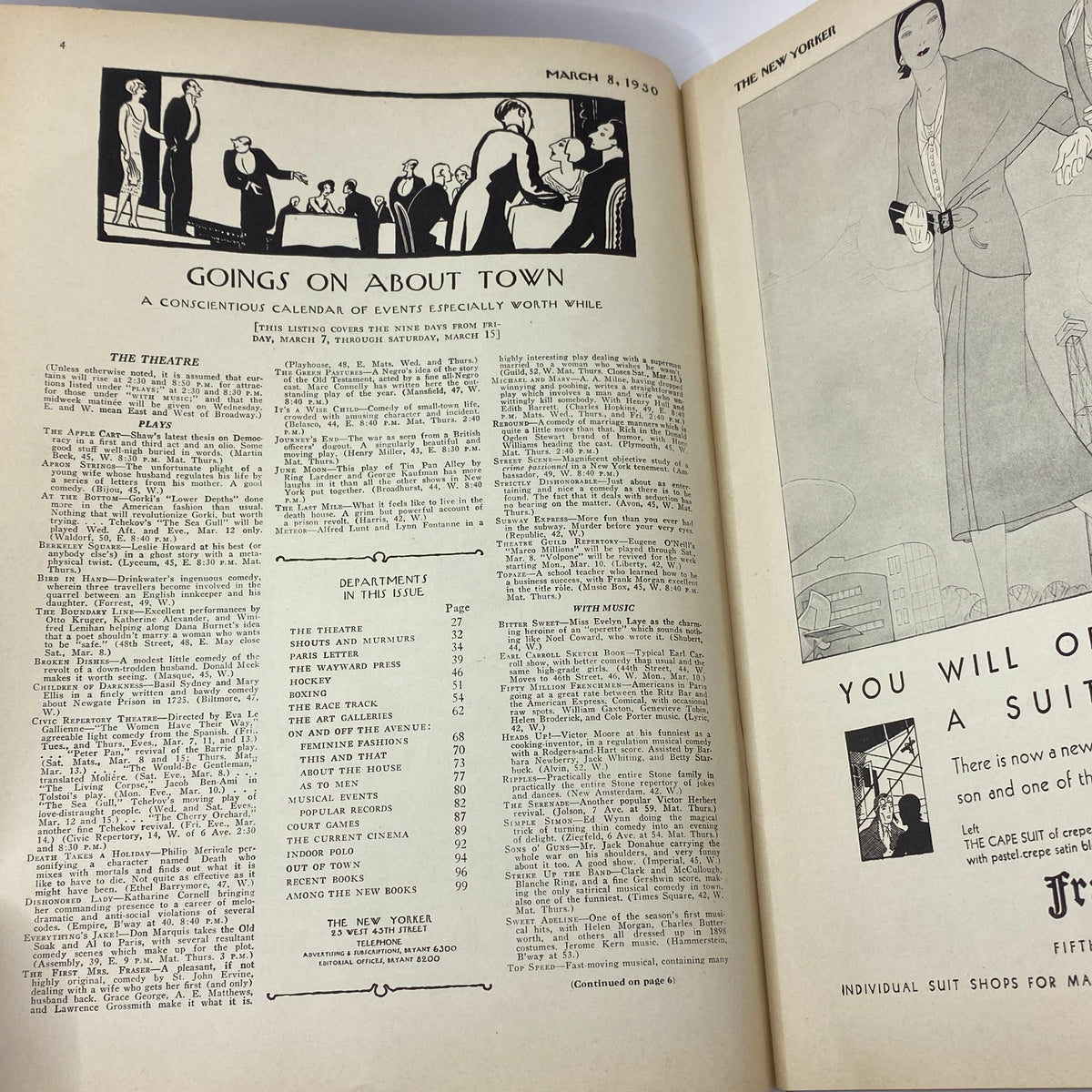 Inside page of The New Yorker magazine from March 8, 1930 featuring the 'Goings on About Town' section, showcasing a calendar of events and articles.