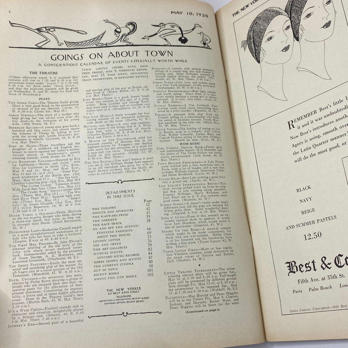 Interior page from The New Yorker Complete Magazine May 10, 1930 featuring a calendar of events and theatrical announcements, showcasing the artistic layout typical of the era.