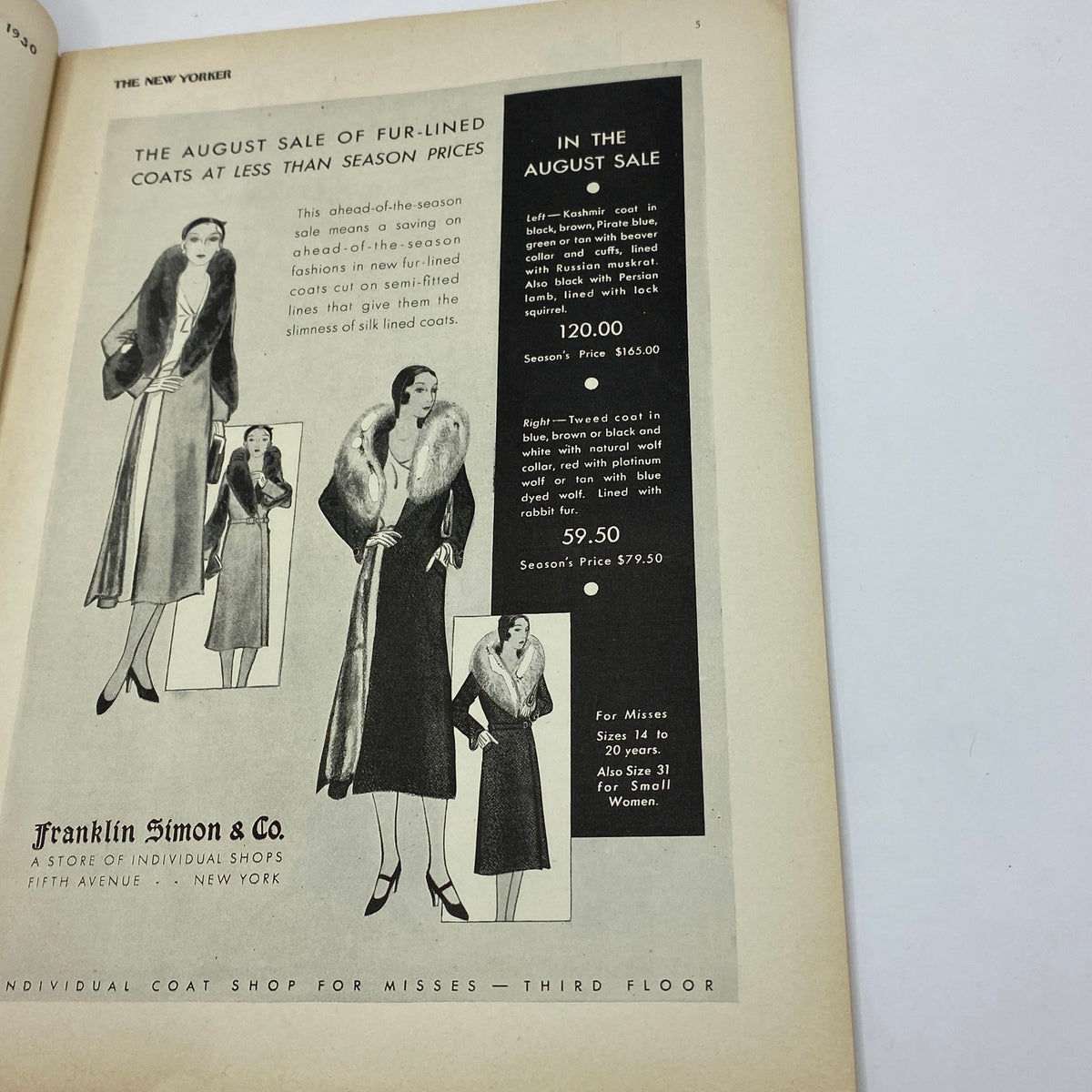 The New Yorker Complete Magazine August 16, 1930 featuring an advertisement for fur-lined coats from Franklin Simon & Co, including pricing details for stylish designs.