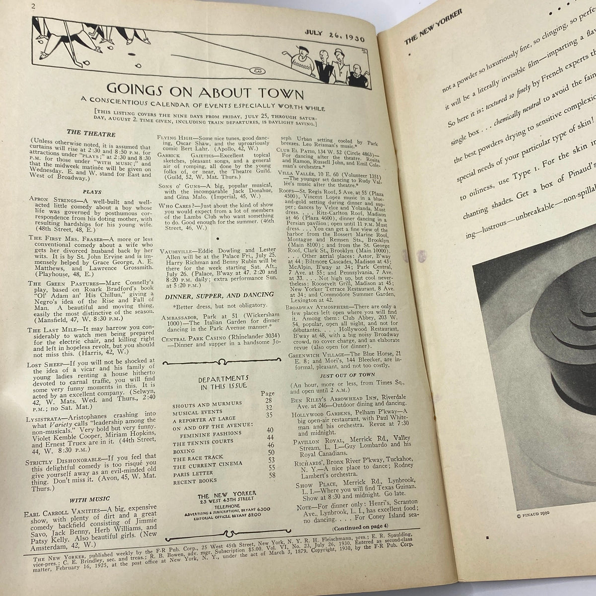 Inside page of The New Yorker Complete Magazine July 26, 1930, featuring the 'Goings On About Town' section that highlights events and cultural happenings.