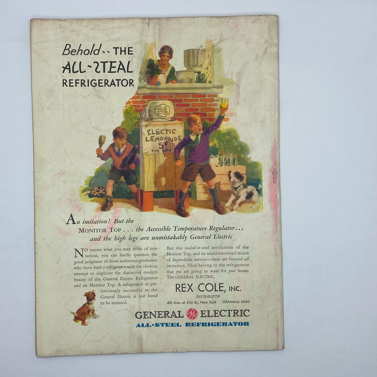 Back cover of The New Yorker Complete Magazine July 26, 1930, displaying an advertisement for General Electric's All-Steel Refrigerator, featuring children and a lemonade stand.