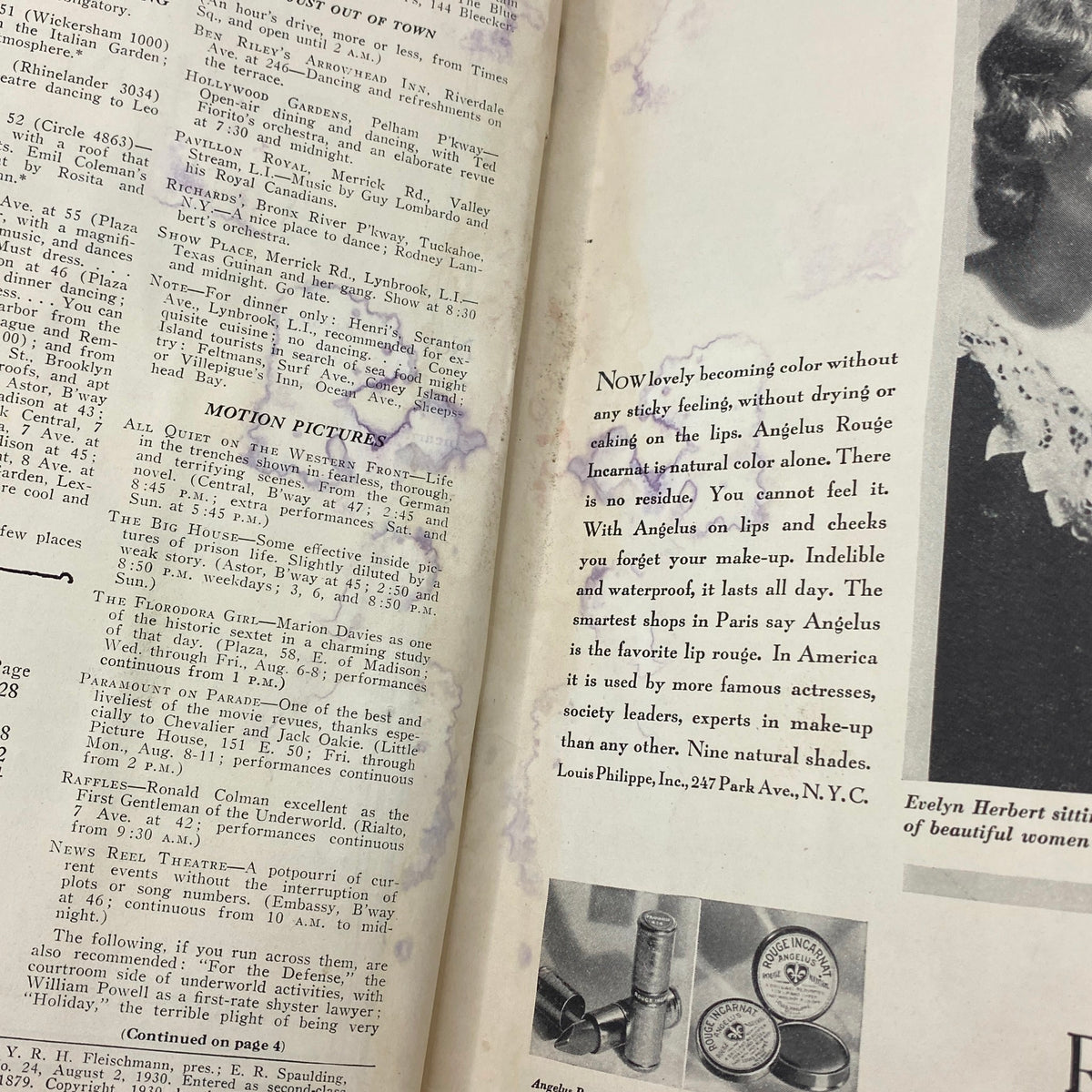 Close-up of an advertisement from The New Yorker Complete Magazine August 2, 1930, showcasing a promotional piece for Angelus Rouge lip color, emphasizing its long-lasting qualities.