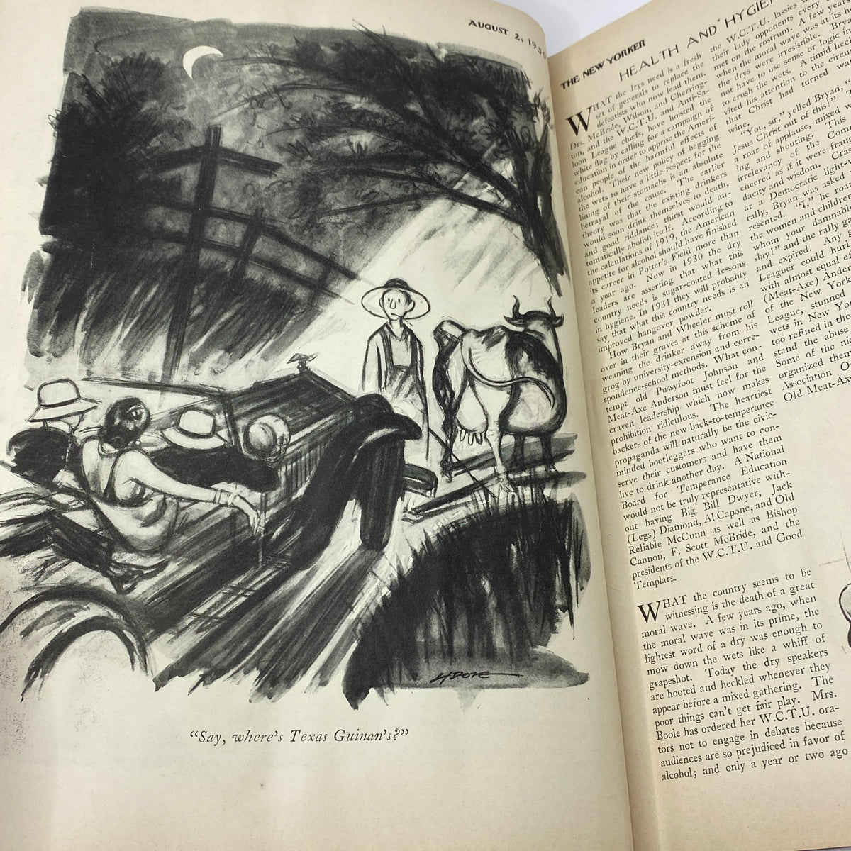 Illustration titled 'Say, where's Texas Guinan?' from The New Yorker Complete Magazine August 2, 1930, depicting a rural scene with a car, people, and a cow.