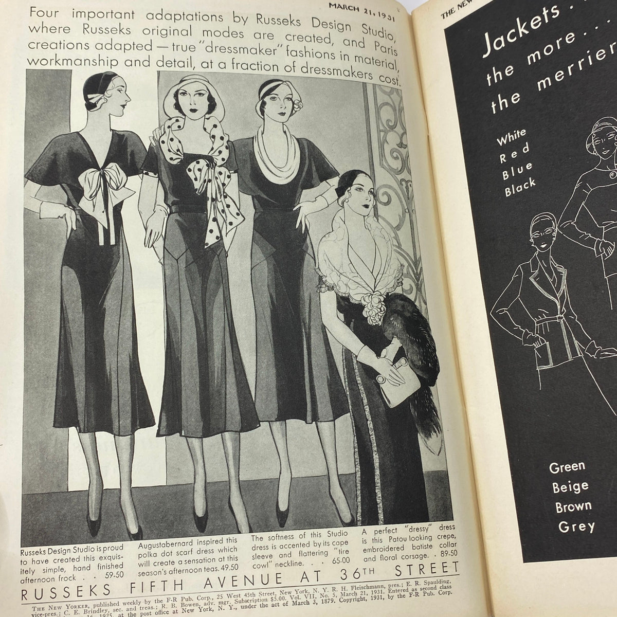 Fashion advertisement in The New Yorker magazine dated March 21, 1931, showcasing four stylish women in dresses by Russeks Design Studio, highlighting the fashion trends of the era.