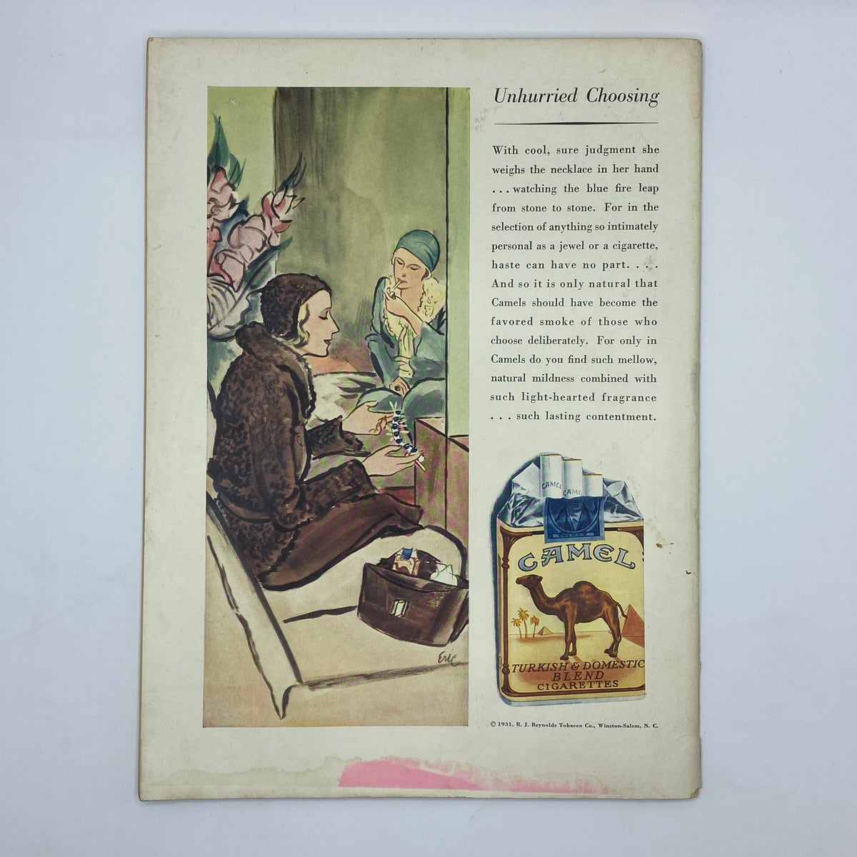 Vintage advertisement entitled 'Unhurried Choosing' featuring a stylish woman weighing a necklace with flowers in the background. The ad promotes Camel cigarettes, showcasing a classic package design from the early 20th century. This image complements 'The New Yorker Complete Magazine March 21, 1931 Helen E. Hokinson Cover'.