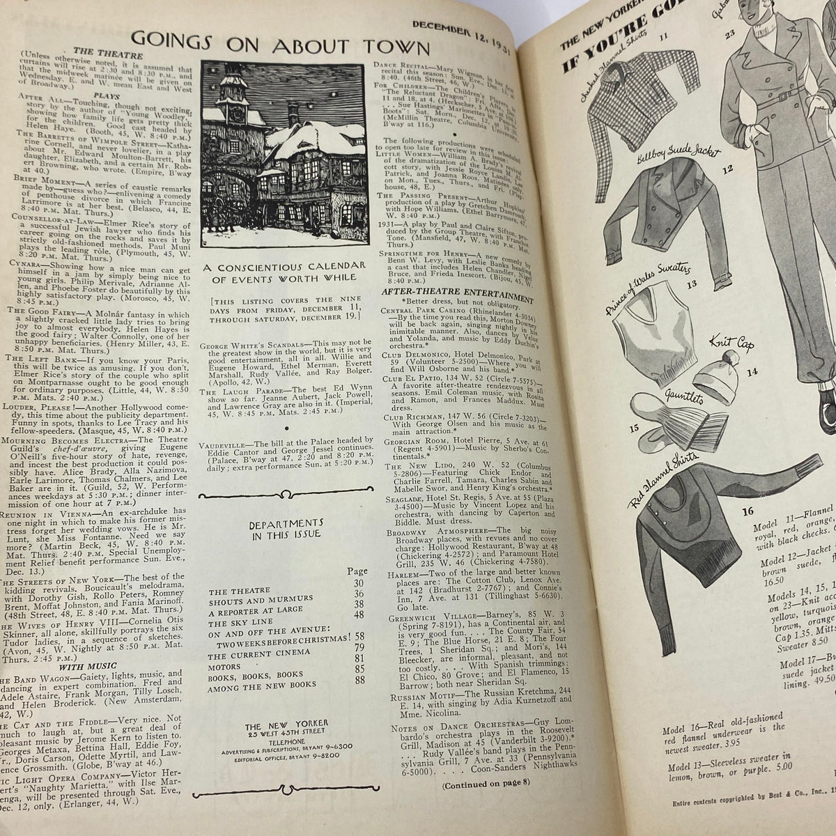 Inside pages of The New Yorker magazine, December 12, 1931, featuring event listings and theater information.
