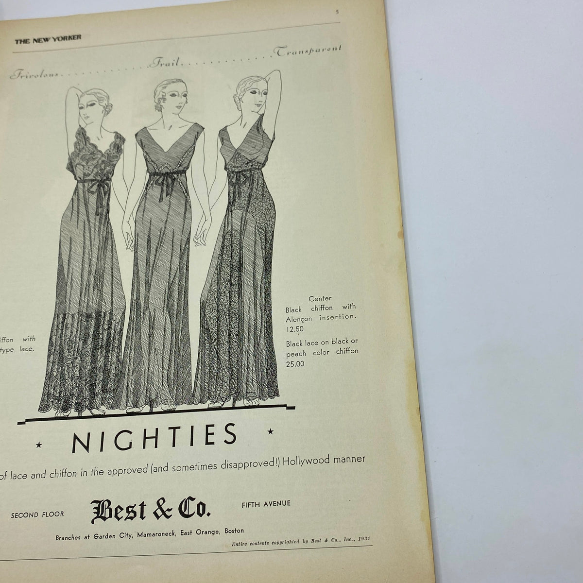 An advertisement page from The New Yorker Complete Magazine December 19, 1931 displaying elegant nightgowns, featuring illustrations of women in fashion.