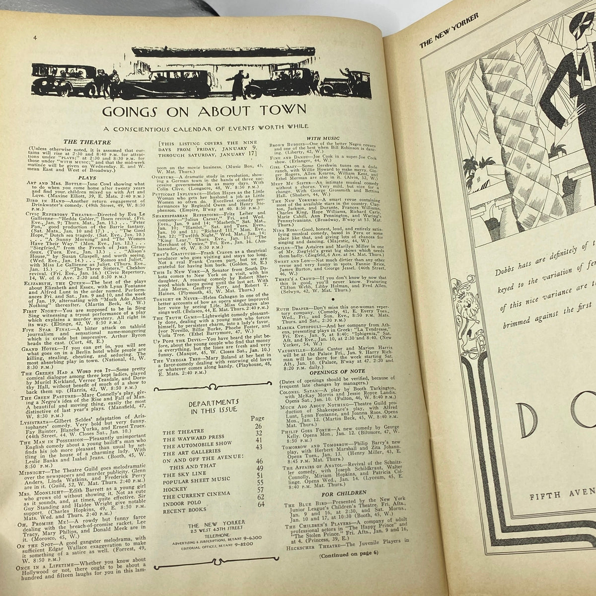 Inside page of The New Yorker magazine from January 10, 1931 featuring a calendar of events and various theatrical listings, showcasing vintage journalism and editorial design.