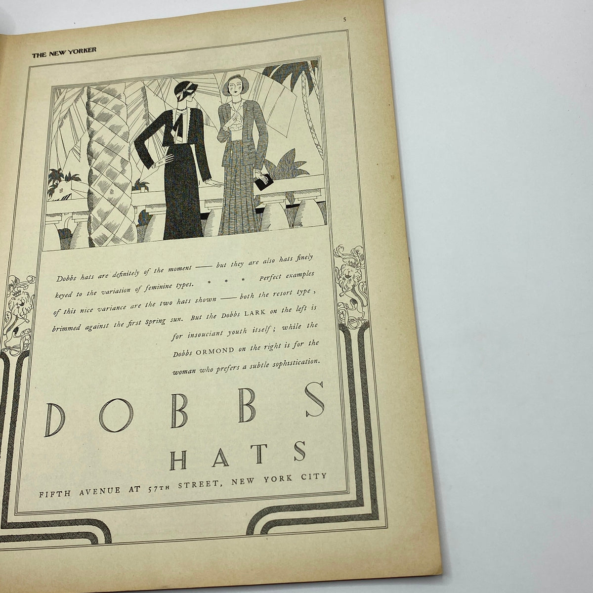 Advertisement page in The New Yorker magazine from January 10, 1931 promoting Dobbs hats, illustrating fashionable hats for women, set in classic stylish art.