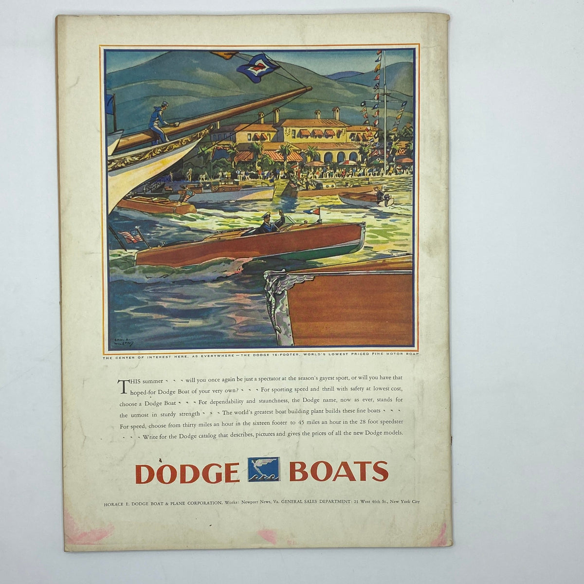 Advertisement page for Dodge Boats in The New Yorker magazine from January 10, 1931, depicting a vibrant scene of boats on water, highlighting the luxury and enjoyment of boating.