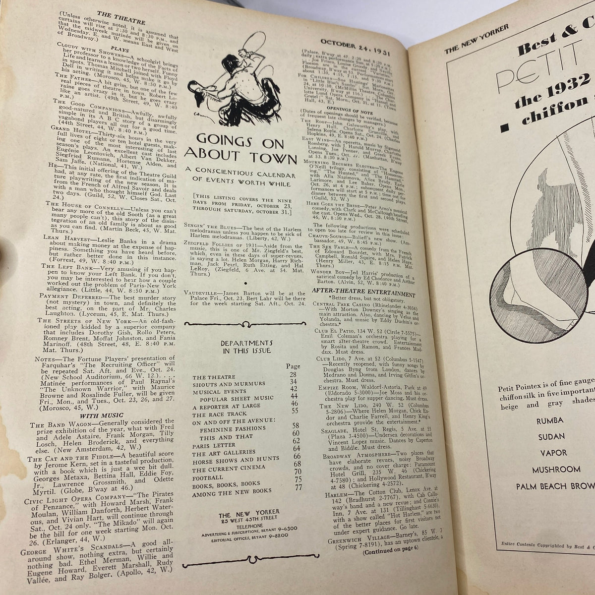Interior page featuring events calendar and cultural listings from The New Yorker magazine, October 24, 1931, Rose Silver Cover.