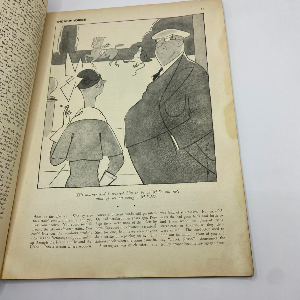 Illustration and text from a short story in The New Yorker magazine, October 24, 1931, Rose Silver Cover.