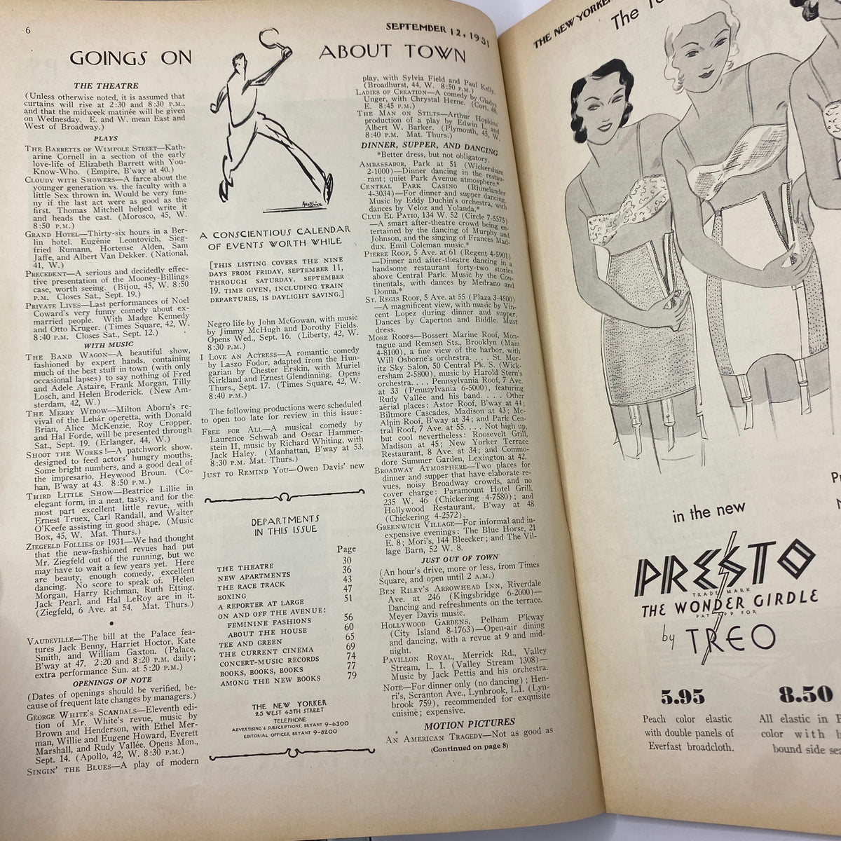 Interior pages of The New Yorker magazine from September 12, 1931, featuring listings, art, and advertisements, showcasing early 20th-century culture.