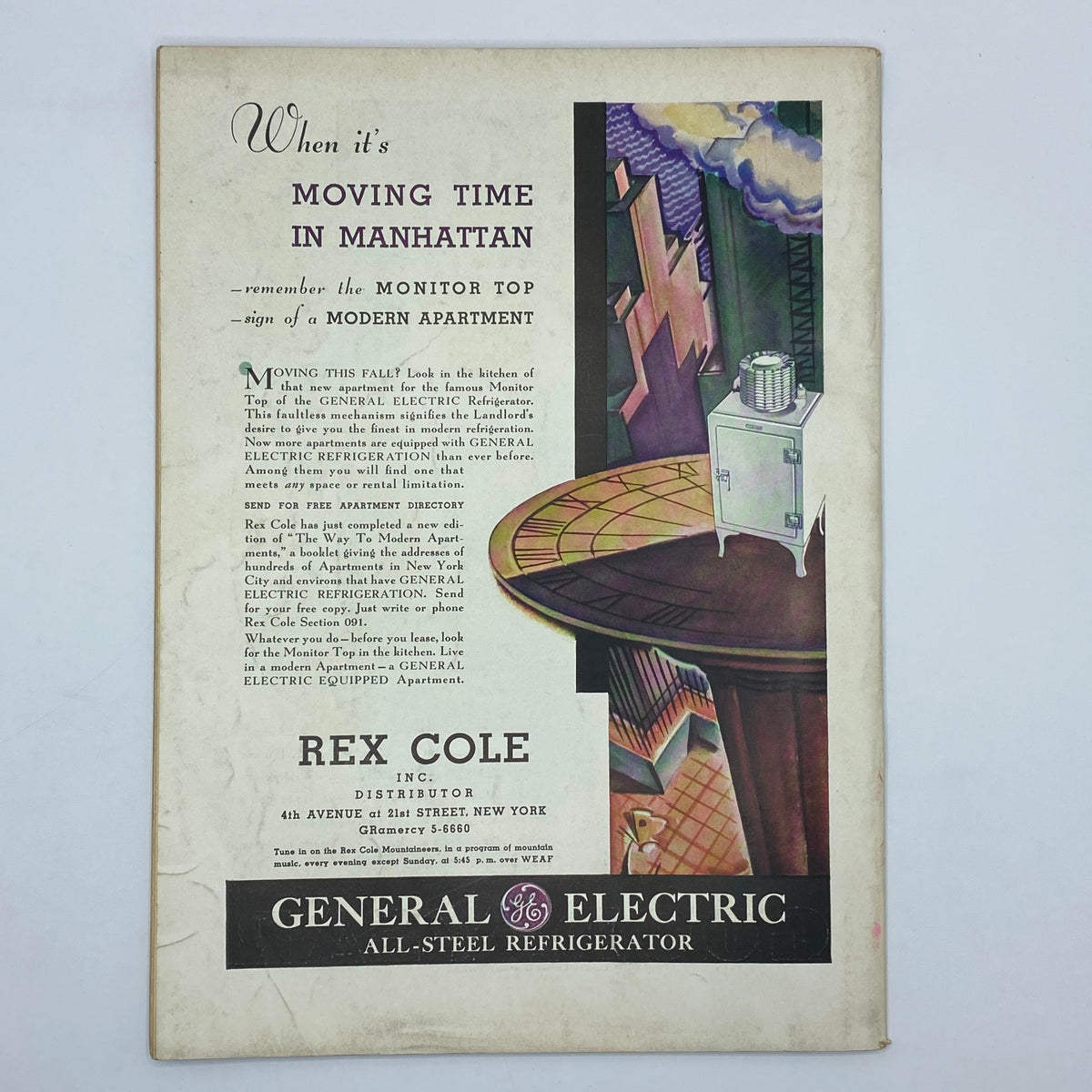Vintage advertisement for General Electric All-Steel Refrigerators from The New Yorker magazine, September 12, 1931, highlighting modern conveniences in 1930s urban living.
