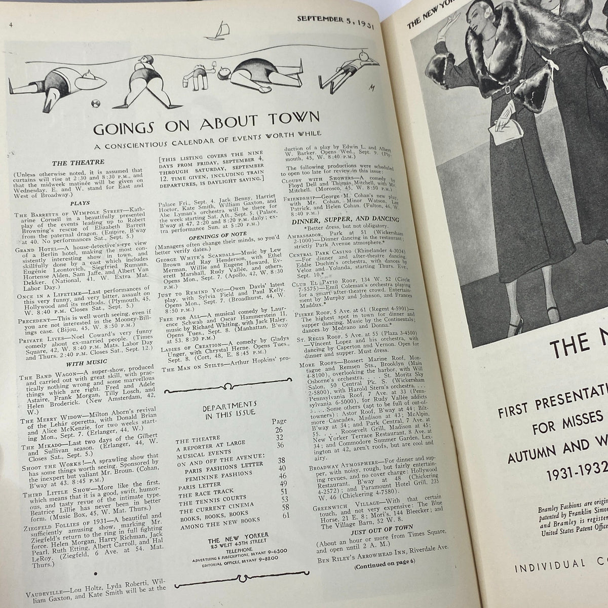 Inside page of The New Yorker magazine, September 5, 1931, featuring 'Goings On About Town' section and events calendar.