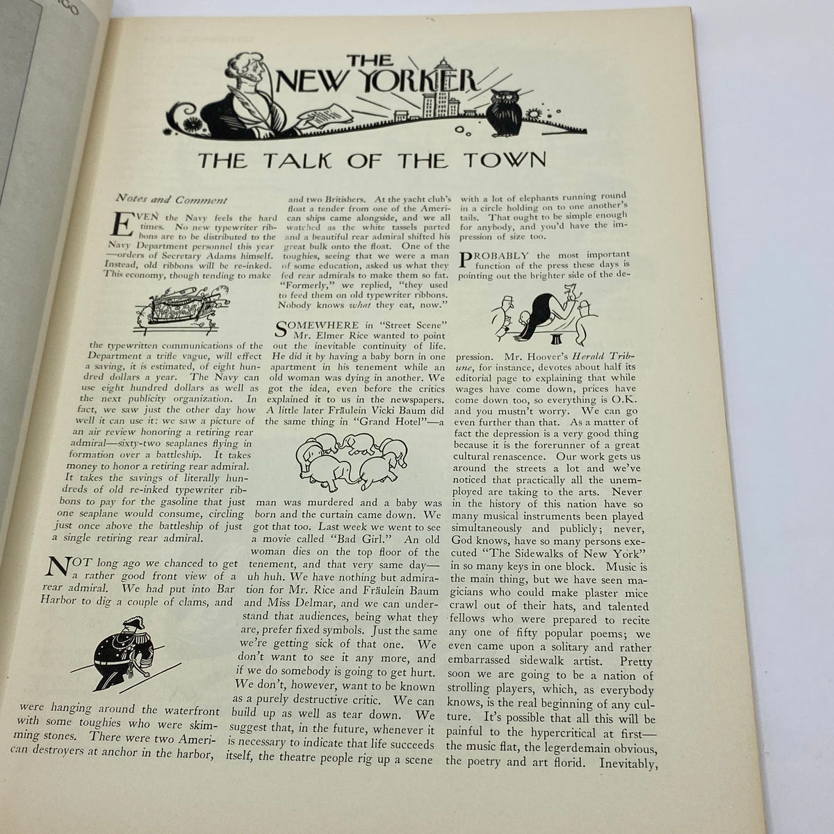 Inside page of The New Yorker magazine, September 5, 1931, featuring 'The Talk of the Town' section with notes and commentary.