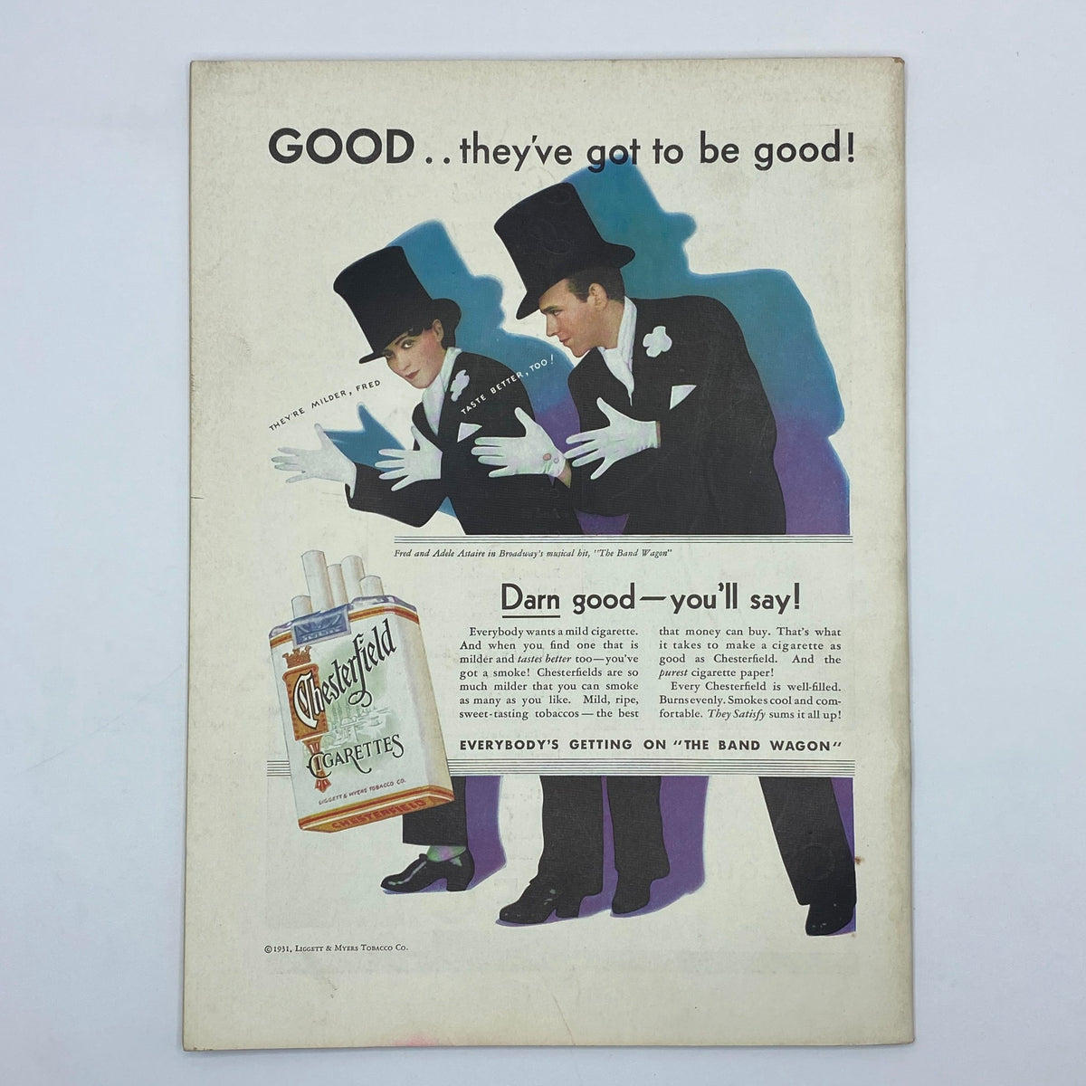 Vintage advertisement from The New Yorker September 5, 1931 featuring a stylish couple in tuxedos promoting Chesterfield cigarettes with the tagline 'Darn good - you'll say!'