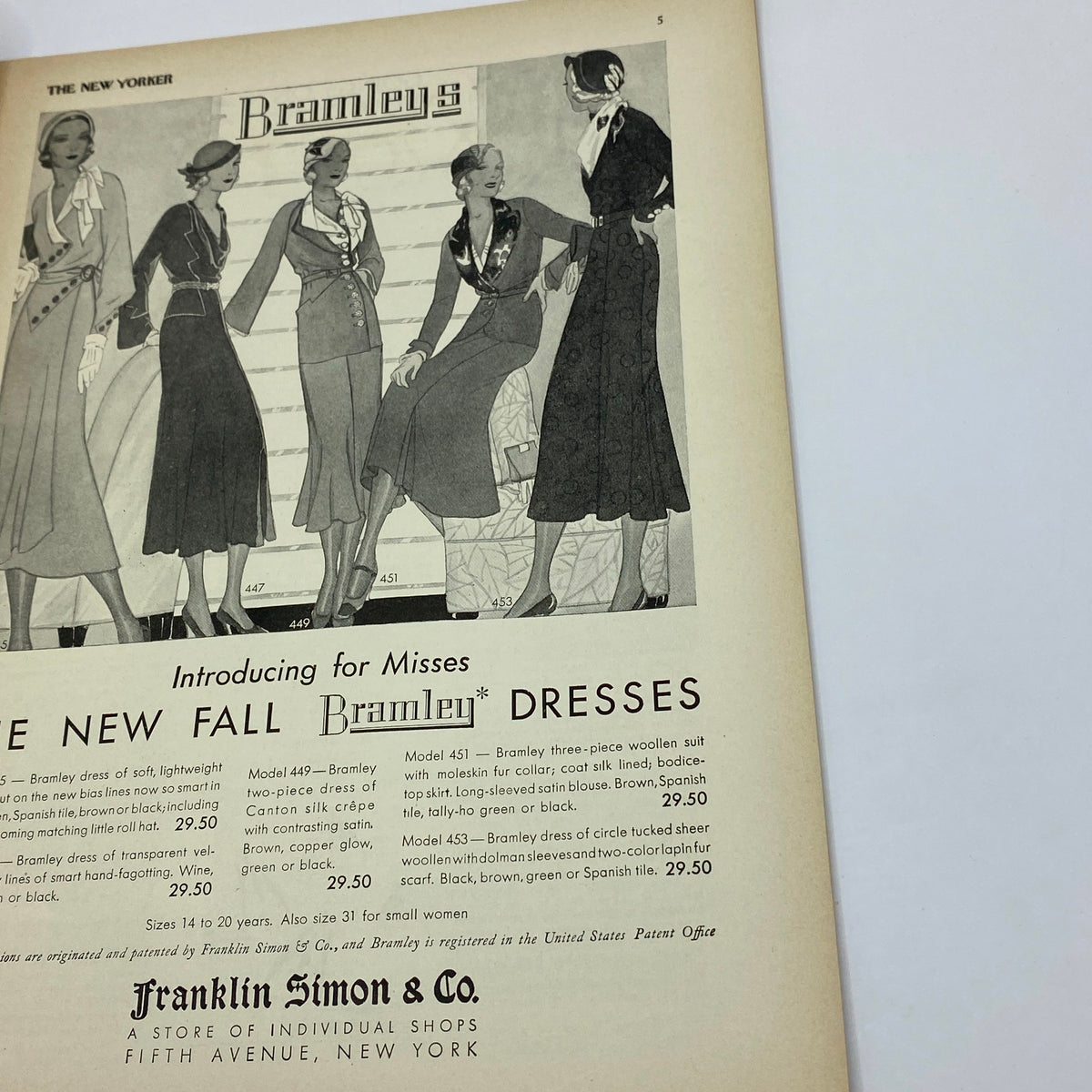 Vintage advertisement for Bramley dresses featured in The New Yorker Complete Magazine August 29, 1931, showcasing five stylish designs for misses.