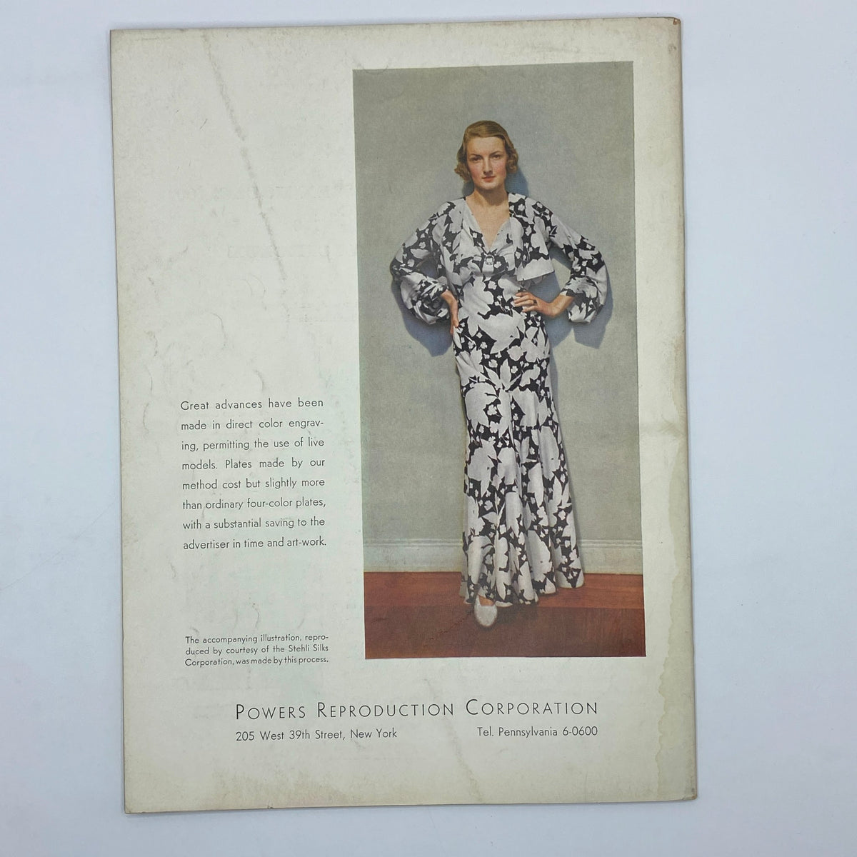 Illustrated advertisement from Powers Reproduction Corporation included in The New Yorker Complete Magazine August 29, 1931, displaying a woman in a floral patterned gown.