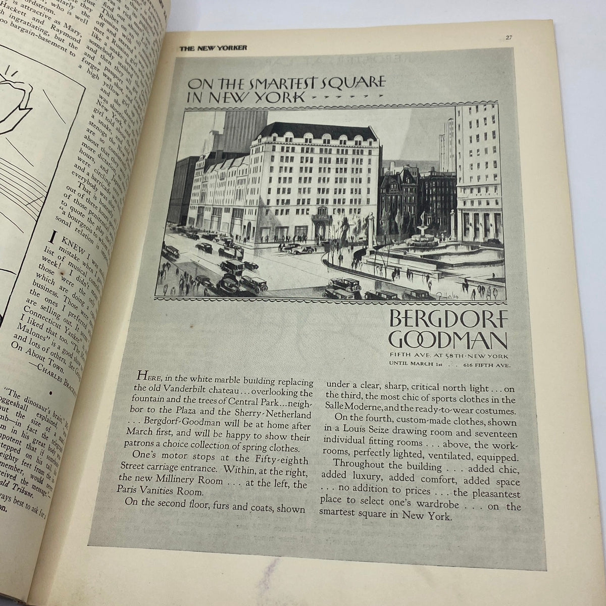 Interior page of The New Yorker Complete Magazine January 28, 1928 featuring an illustration of Bergdorf Goodman located in New York, highlighting the elegant architecture.