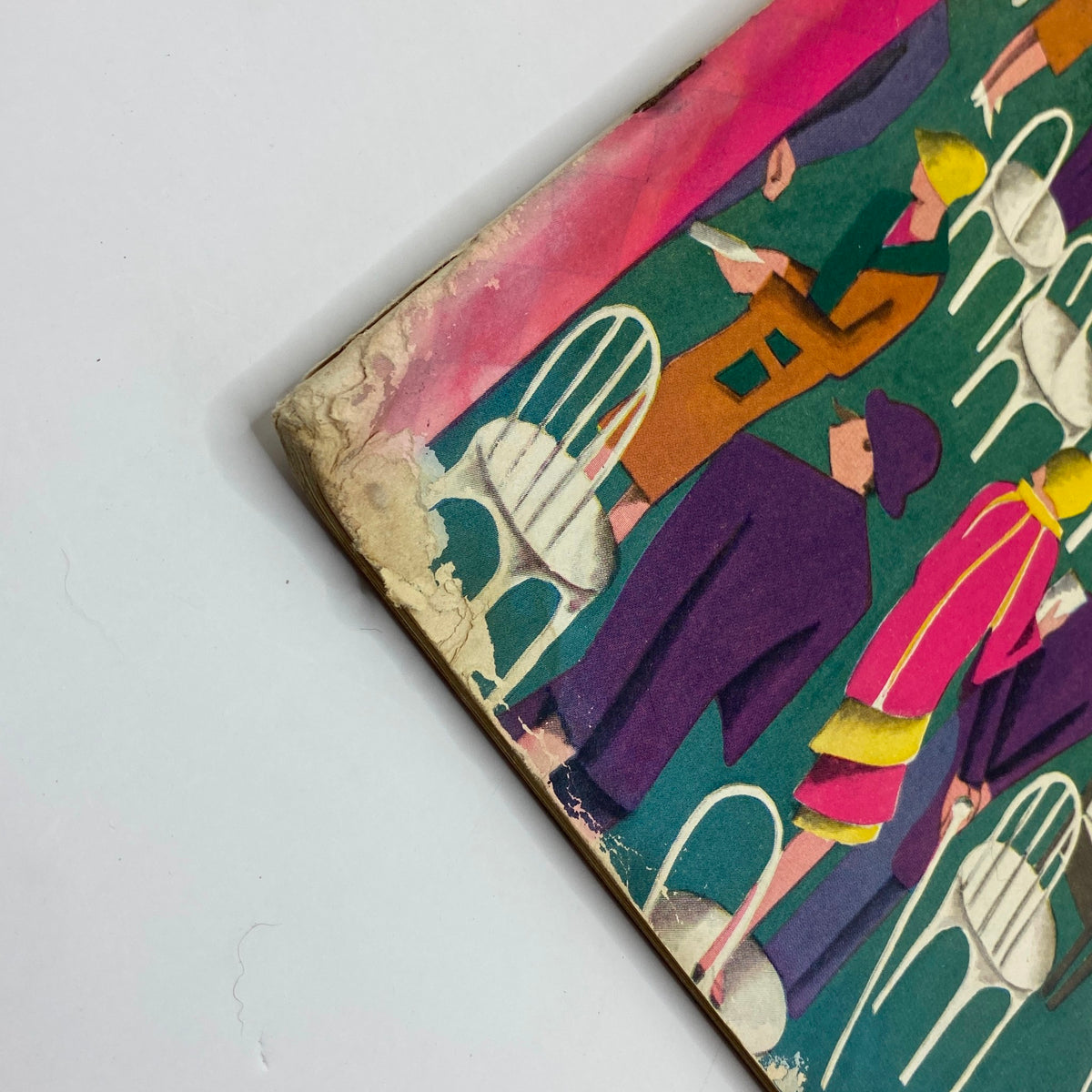 Close-up view of the vintage cover of The New Yorker Complete Magazine – May 19, 1928, featuring an artistic illustration by Ilonka Karasz, showcasing vibrant colors and modernist design elements.