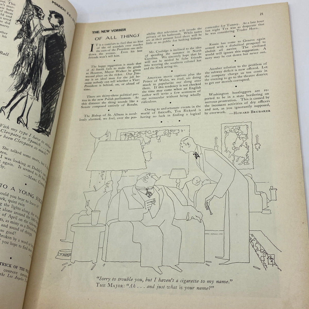 Interior editorial page of The New Yorker Complete Magazine March 24, 1928, showcasing a humorous illustration accompanied by an article, emphasizing the magazine's witty and sophisticated content.