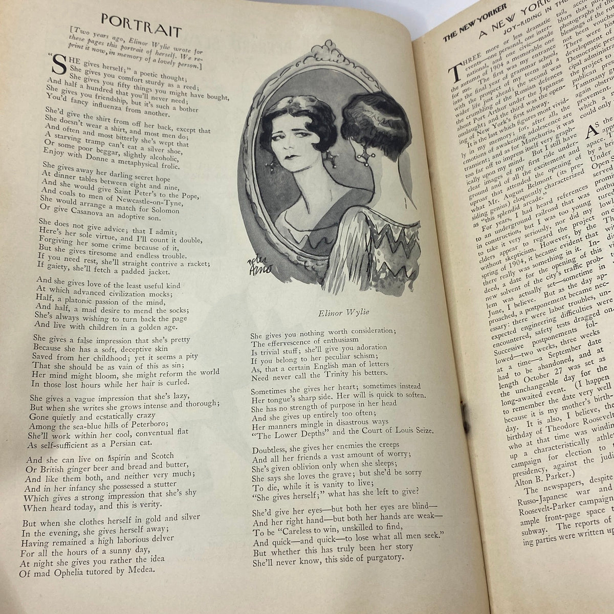 Interior page of The New Yorker Complete Magazine December 29, 1928 showcasing an illustration titled 'Portrait' by Ellison Wylie, accompanied by text.