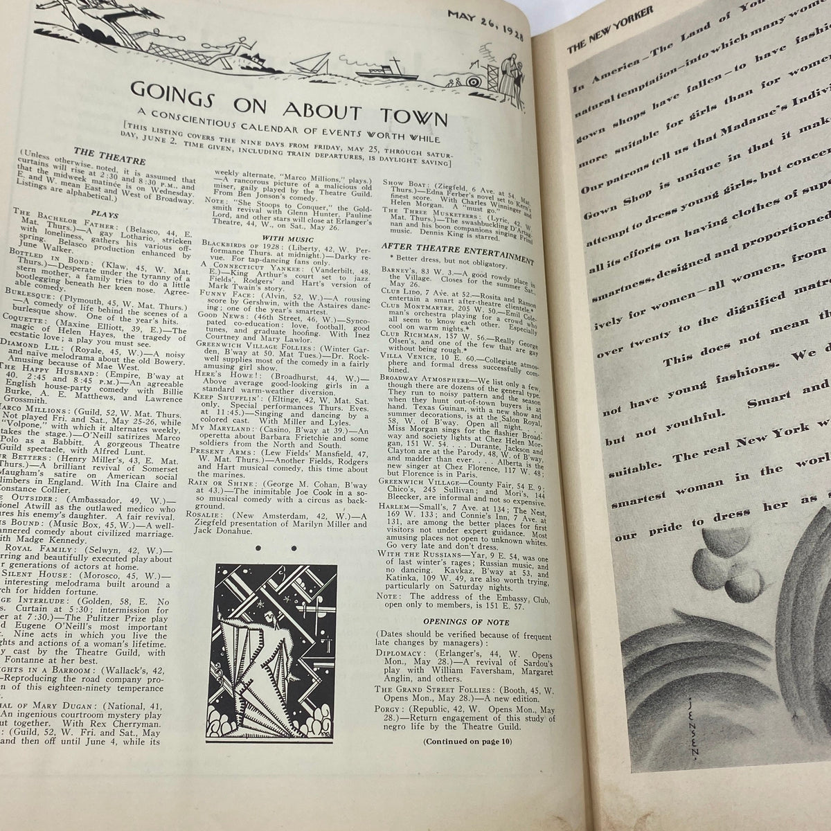 Inside page from The New Yorker Complete Magazine May 26, 1928, showcasing the 'Goings On About Town' feature with a calendar of events.