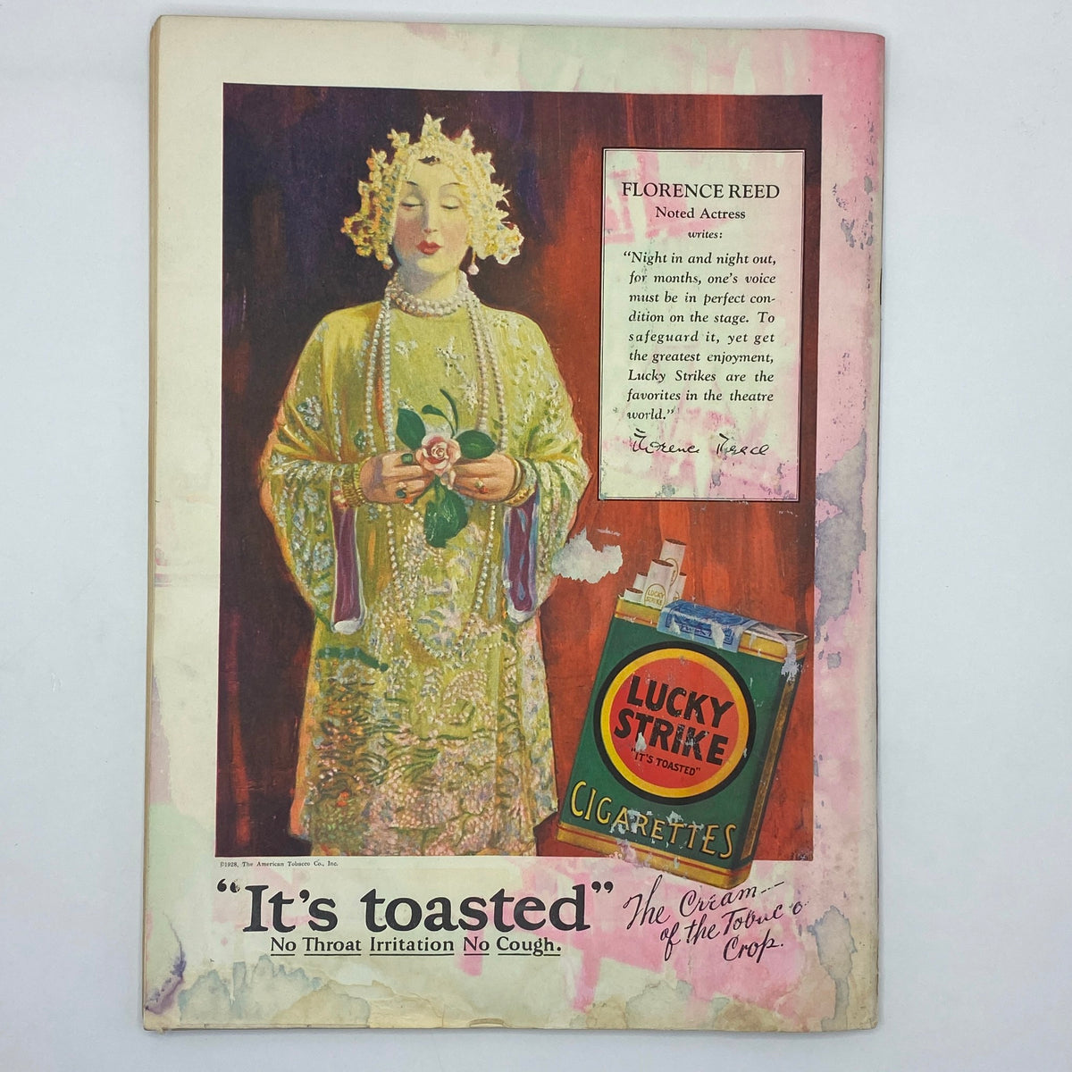 Vintage advertisement featuring actress Florence Reed for Lucky Strike cigarettes, from The New Yorker Complete Magazine May 26, 1928.