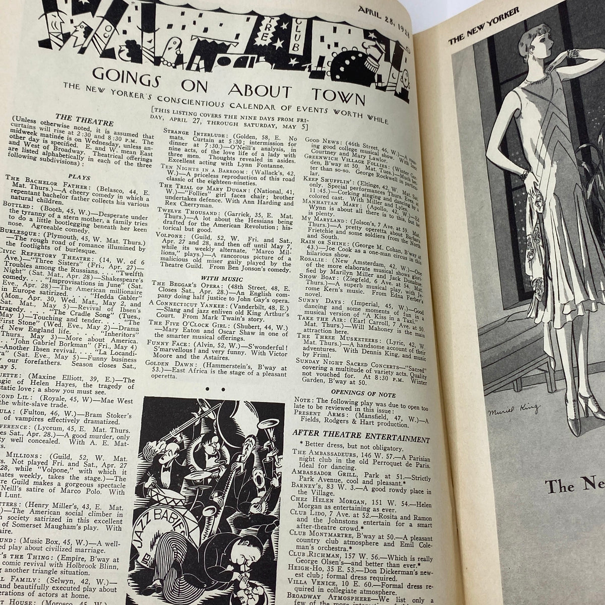 Page from The New Yorker Magazine, April 28, 1928 featuring the 'Goings On About Town' section highlighting cultural events and entertainment.