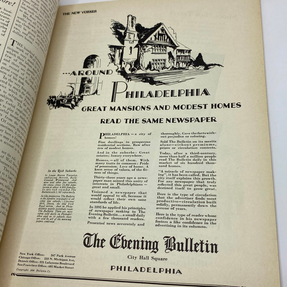 Page from The New Yorker Magazine, April 28, 1928 with an advertisement for The Evening Bulletin, showcasing a prominent Philadelphia residence.