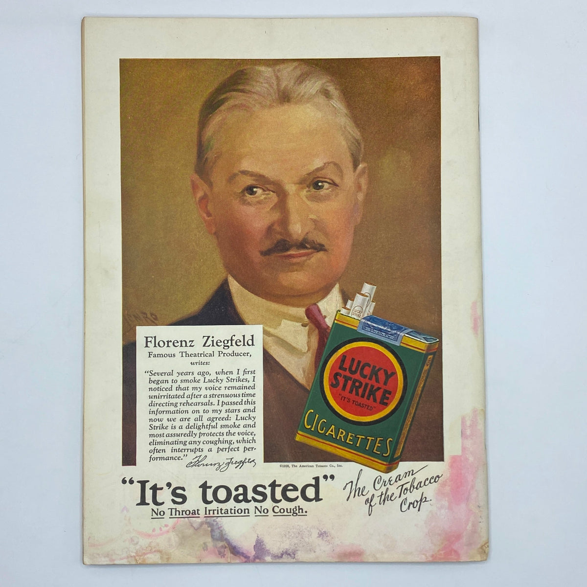 Vintage advertisement from The New Yorker magazine featuring Flo Ziegfeld, a famous theatrical producer, and a Lucky Strike cigarette pack with the tagline 'It's toasted.' This is from the April 28, 1928 issue.