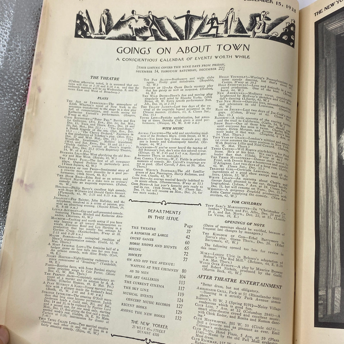 Interior page featuring the 'Goings on About Town' section from The New Yorker Complete Magazine December 15, 1928, highlighting events and cultural happenings.