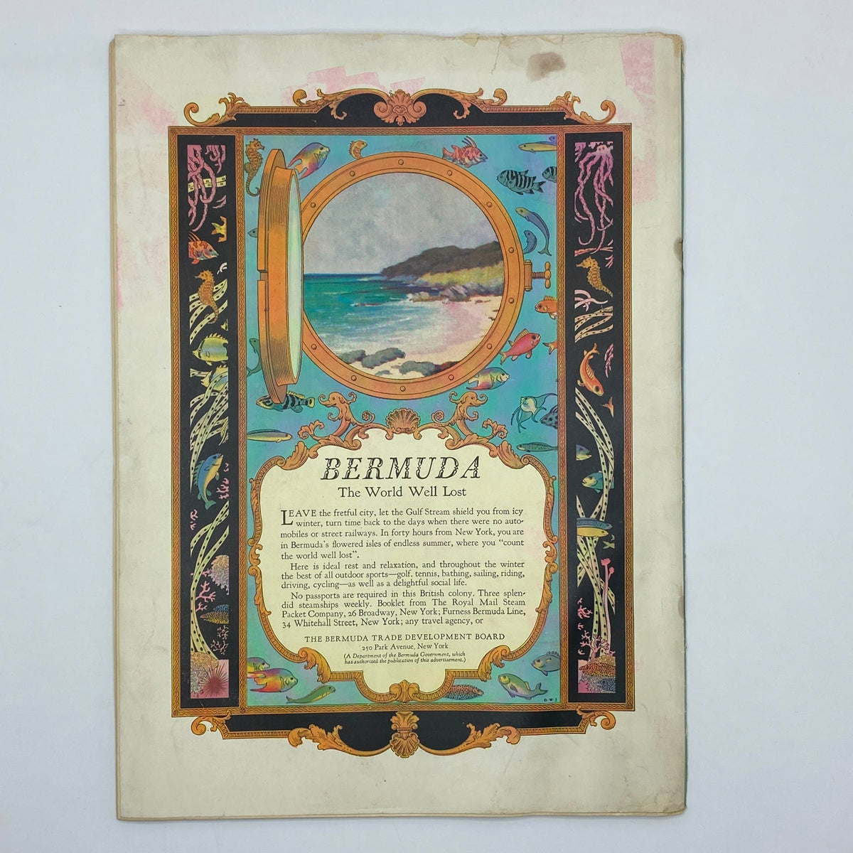 Back cover of The New Yorker Complete Magazine December 22, 1928 showcasing a colorful Bermuda travel advertisement, inviting readers to explore the beautiful island.
